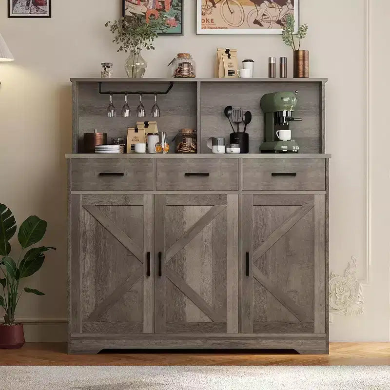 Buffet de ferme avec support à micro-ondes, buffet de rangement avec portes coulissantes, tiroirs et étagères, meuble bar à café en bois