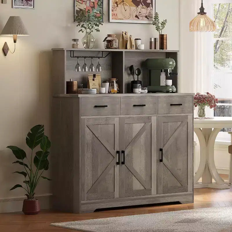 Buffet de ferme avec support à micro-ondes, buffet de rangement avec portes coulissantes, tiroirs et étagères, meuble bar à café en bois
