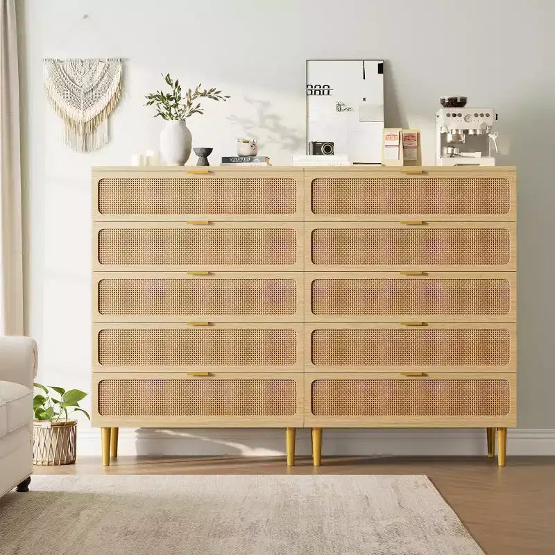 Commode 5 Tiroirs en Rotin pour Chambre à Coucher, Grande Commode Double, Commode en Bois pour Placard avec Grand Plateau, pour Salon, Couloir