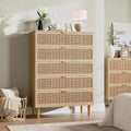 Rattan 5 Drawer Dresser for Bedroom, Large Double Dresser, Wooden Chest of Drawers for Closet with Wide Top, for Living Room, Hallway