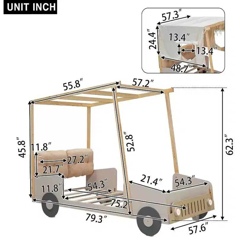Cadre de lit plateforme en forme de voiture Acekool pour enfants, avec oreiller de tête de lit, baldaquin en tissu, lumières LED, aucun sommier tapissier requis
