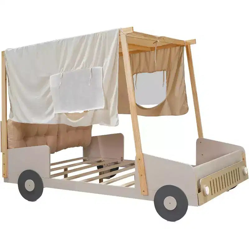 Cadre de lit plateforme en forme de voiture Acekool pour enfants, avec oreiller de tête de lit, baldaquin en tissu, lumières LED, aucun sommier tapissier requis