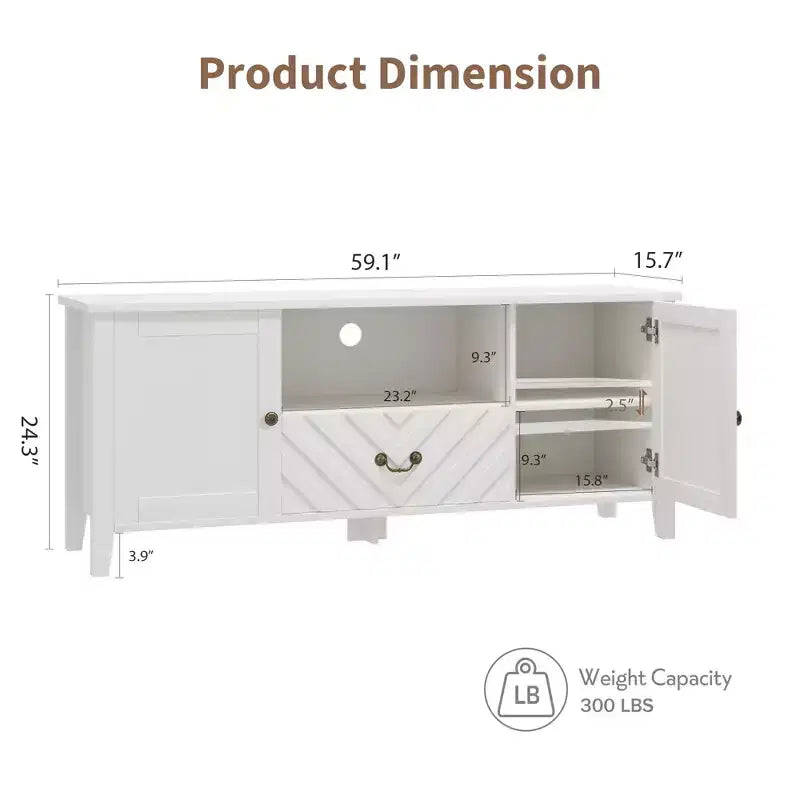 Meuble TV de style ferme pour téléviseurs jusqu'à 70 pouces, console multimédia avec tiroir à motif en V