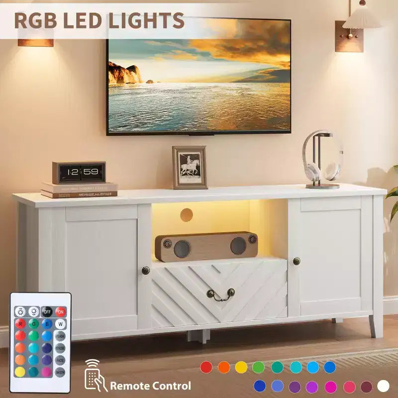Meuble TV de style ferme pour téléviseurs jusqu'à 70 pouces, console multimédia avec tiroir à motif en V
