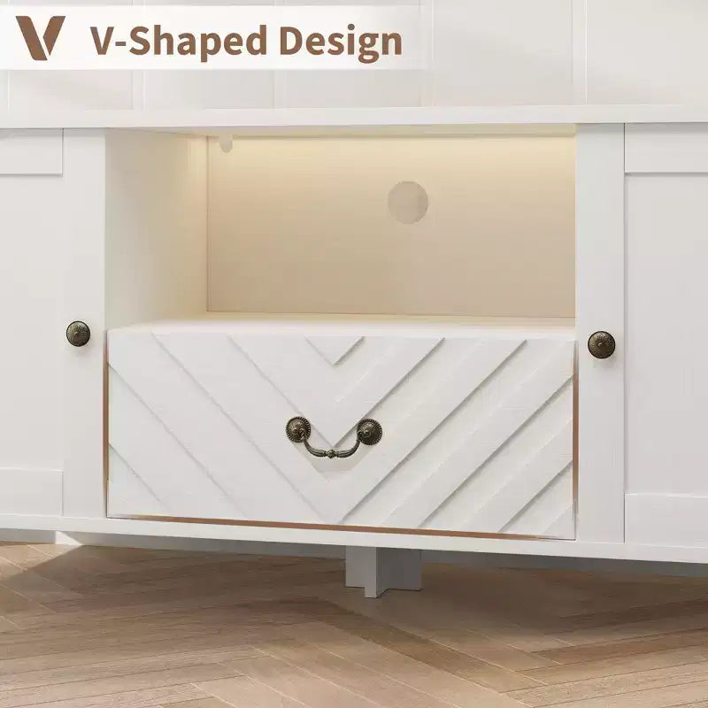 Meuble TV de style ferme pour téléviseurs jusqu'à 70 pouces, console multimédia avec tiroir à motif en V