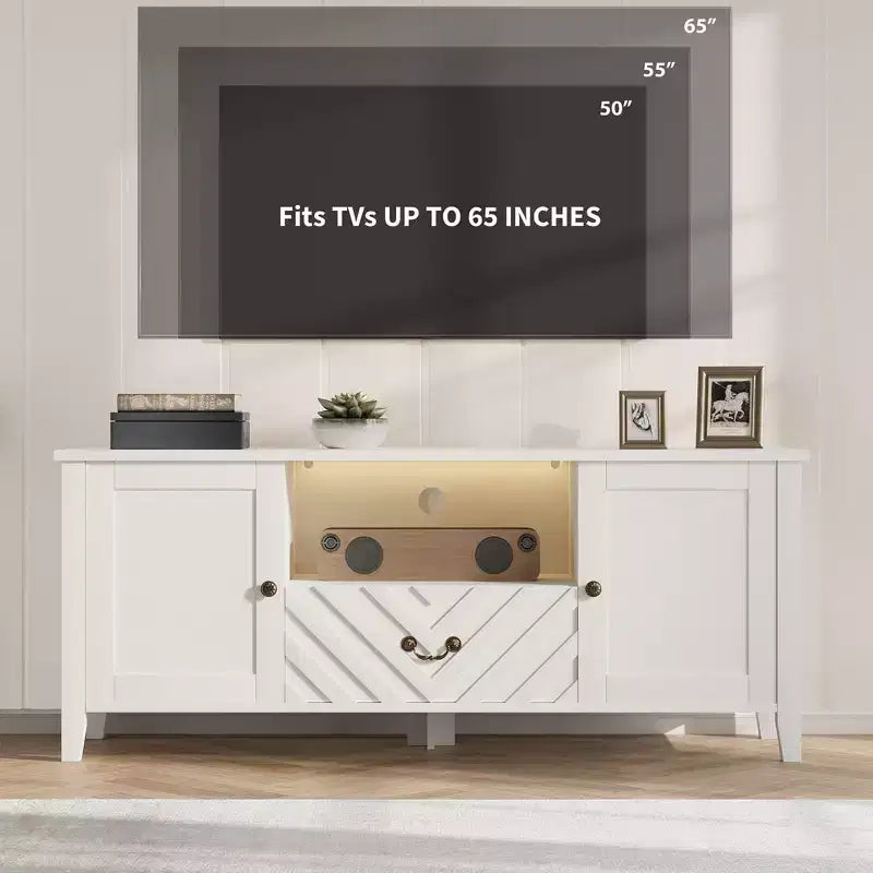 Meuble TV de style ferme pour téléviseurs jusqu'à 70 pouces, console multimédia avec tiroir à motif en V