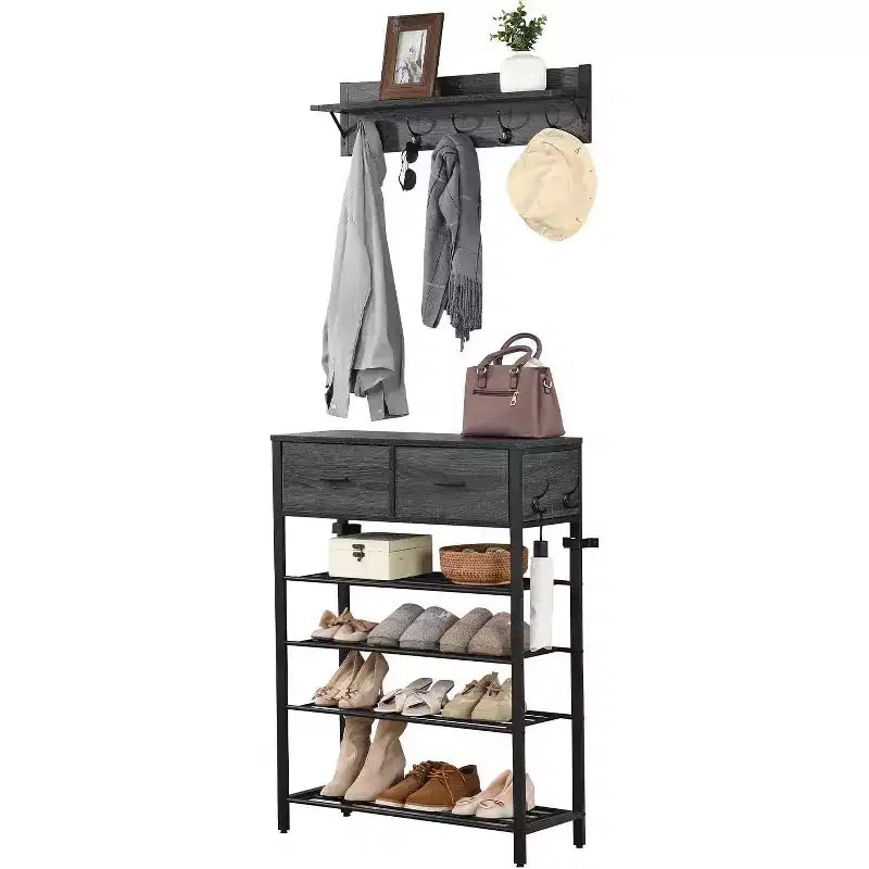 Meuble de rangement à chaussures peu encombrant, étagères à 4 niveaux + 2 tiroirs, meuble de rangement de 80 cm de large pour entrée avec crochets, design moderne