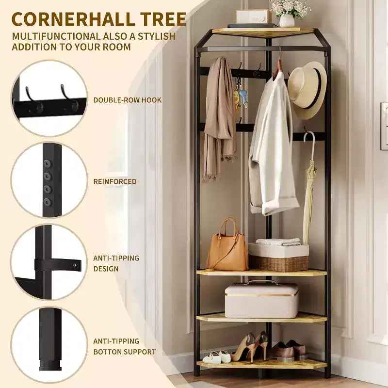 Porte-manteau d'angle à plusieurs niveaux, Arbre d'entrée avec rangement à chaussures et 12 crochets, Étagères à 3 niveaux pour les espaces compacts dans la chambre/le salon