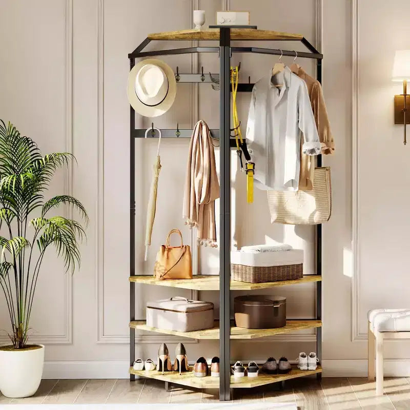 Porte-manteau d'angle à plusieurs niveaux, Arbre d'entrée avec rangement à chaussures et 12 crochets, Étagères à 3 niveaux pour les espaces compacts dans la chambre/le salon