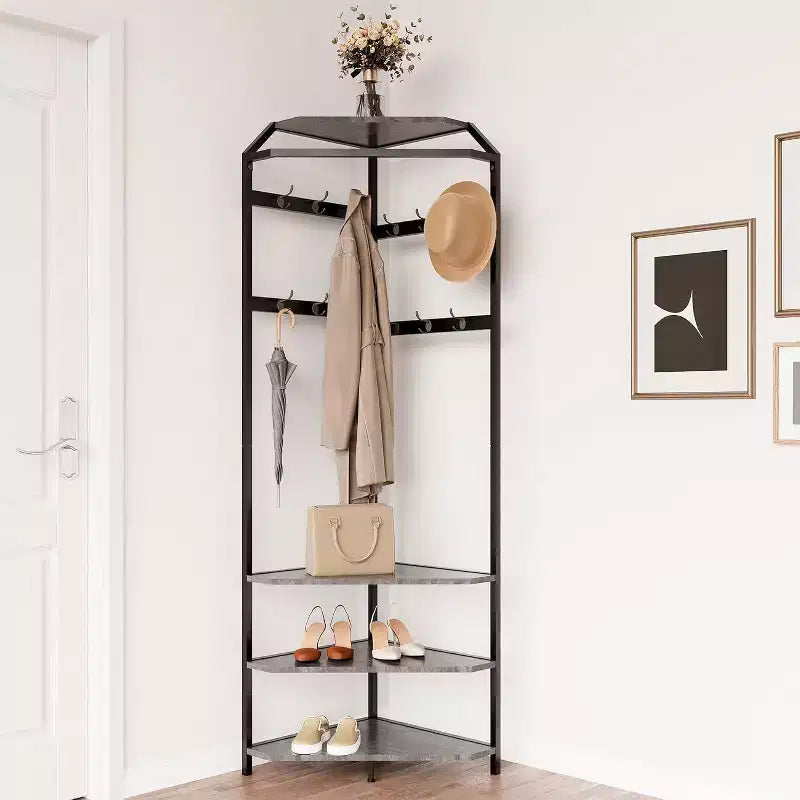 Porte-manteau d'angle à plusieurs niveaux, Arbre d'entrée avec rangement à chaussures et 12 crochets, Étagères à 3 niveaux pour les espaces compacts dans la chambre/le salon