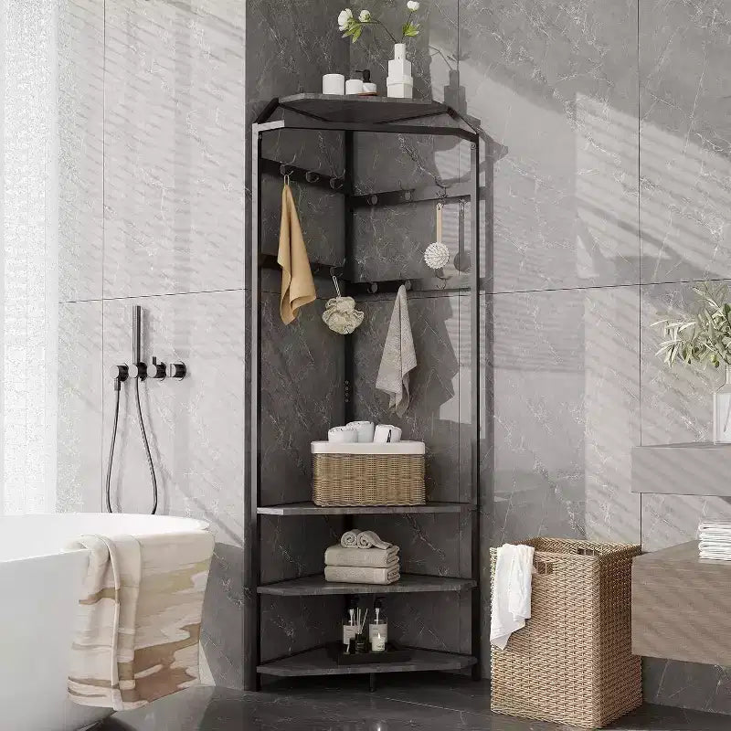 Porte-manteau d'angle à plusieurs niveaux, Arbre d'entrée avec rangement à chaussures et 12 crochets, Étagères à 3 niveaux pour les espaces compacts dans la chambre/le salon