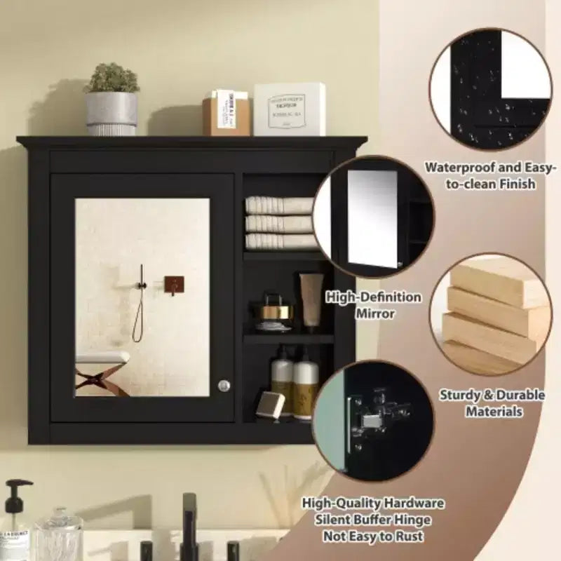 Meuble de salle de bain mural gris de 30x28 pouces avec miroir et 3 étagères ouvertes