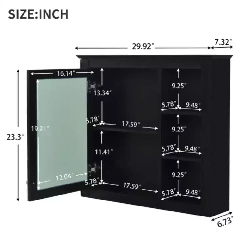 Meuble de salle de bain mural gris de 30x28 pouces avec miroir et 3 étagères ouvertes
