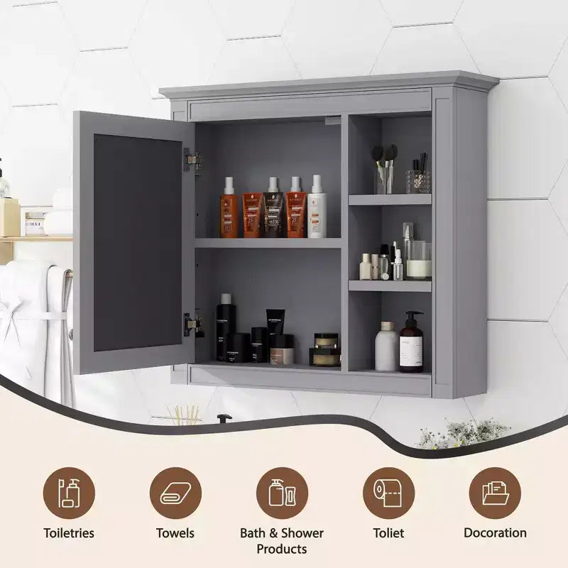Meuble de salle de bain mural gris de 30x28 pouces avec miroir et 3 étagères ouvertes