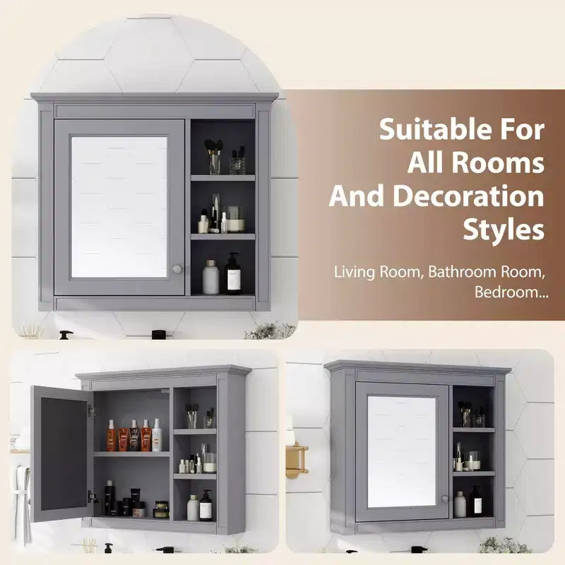 Meuble de salle de bain mural gris de 30x28 pouces avec miroir et 3 étagères ouvertes