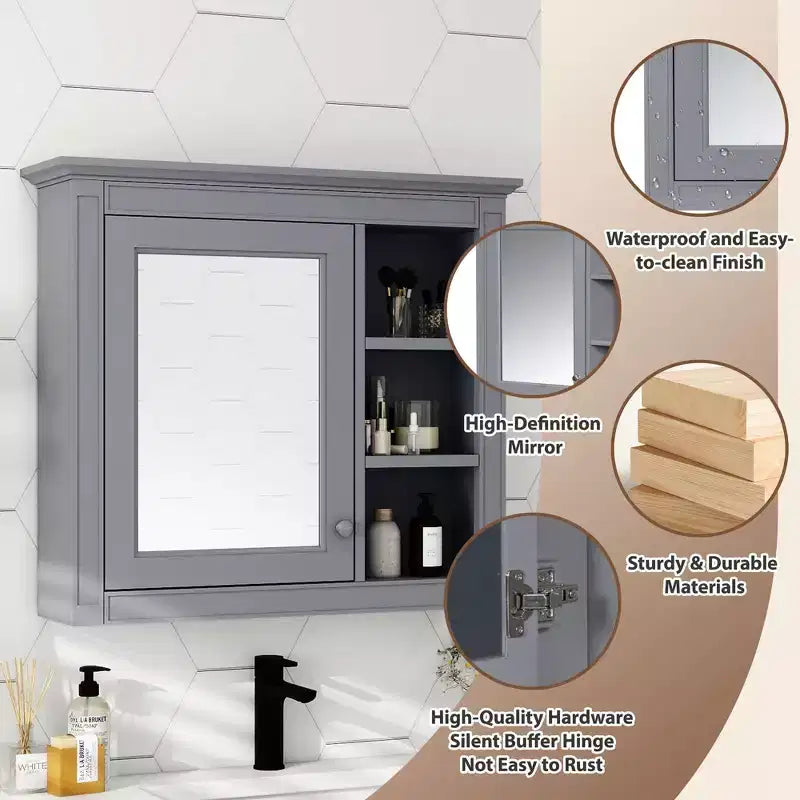 Meuble de salle de bain mural gris de 30x28 pouces avec miroir et 3 étagères ouvertes