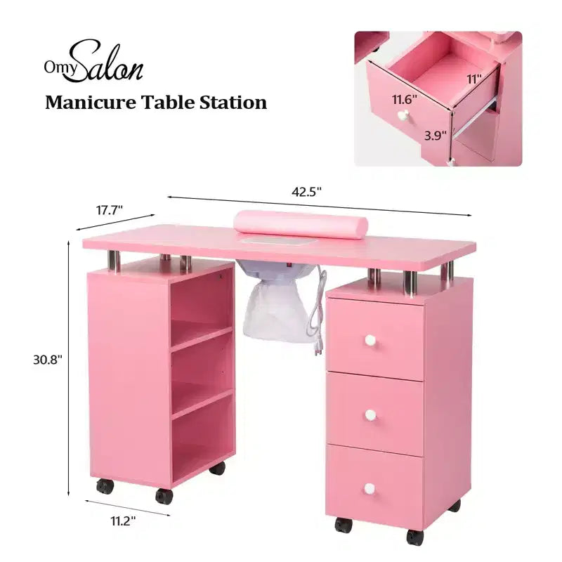 Karlhome Table de manucure de 42,5 po en MDF blanc avec 3 tiroirs, meuble latéral ouvert, portes et collecteur de poussière électrique