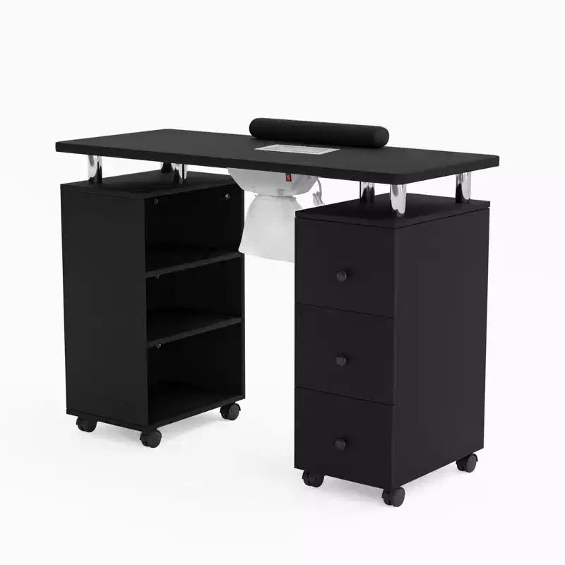 Karlhome Table de manucure de 42,5 po en MDF blanc avec 3 tiroirs, meuble latéral ouvert, portes et collecteur de poussière électrique