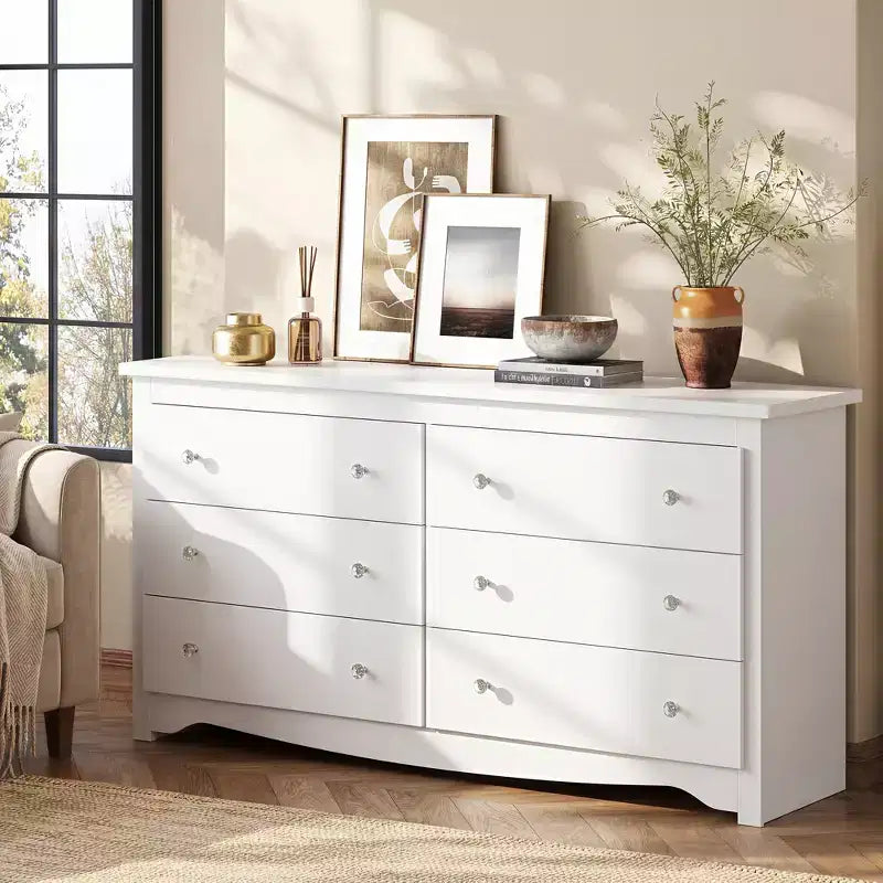 DEXYLLO Commode de Rangement Moderne à 6 Tiroirs, Grande Commode en Bois pour Chambre ou Salon, Meuble de Rangement Long, Armoire Blanche de 150 cm