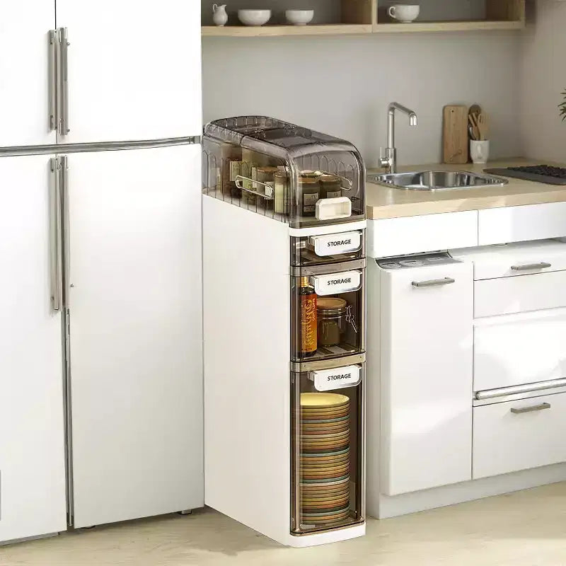 Meuble de salle de bain 7 étagères ultra étroit avec roues et tiroirs - Organisateur de rangement latéral pour toilettes de salle de bain/cuisine (blanc et gris)