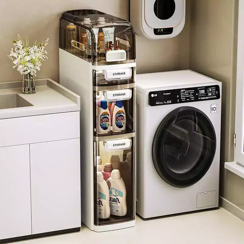 Meuble de salle de bain 7 étagères ultra étroit avec roues et tiroirs - Organisateur de rangement latéral pour toilettes de salle de bain/cuisine (blanc et gris)