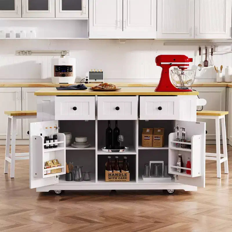 CLIHOME 53 Grand îlot de cuisine avec abattant, support de rangement interne de porte, chariot de cuisine roulant sur 5 roulettes avec 5 étagères latérales ouvertes
