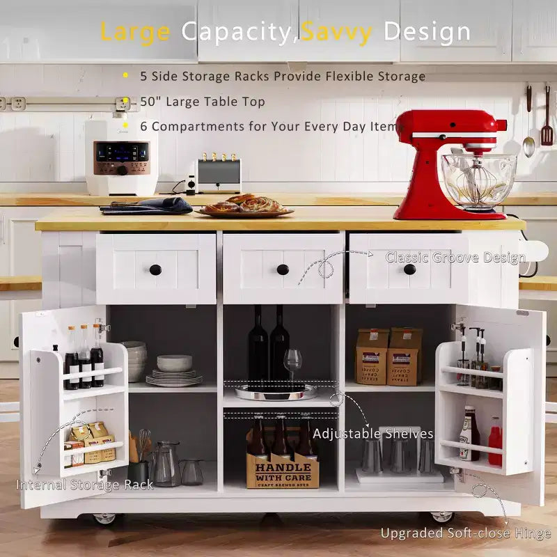 CLIHOME 53 Grand îlot de cuisine avec abattant, support de rangement interne de porte, chariot de cuisine roulant sur 5 roulettes avec 5 étagères latérales ouvertes
