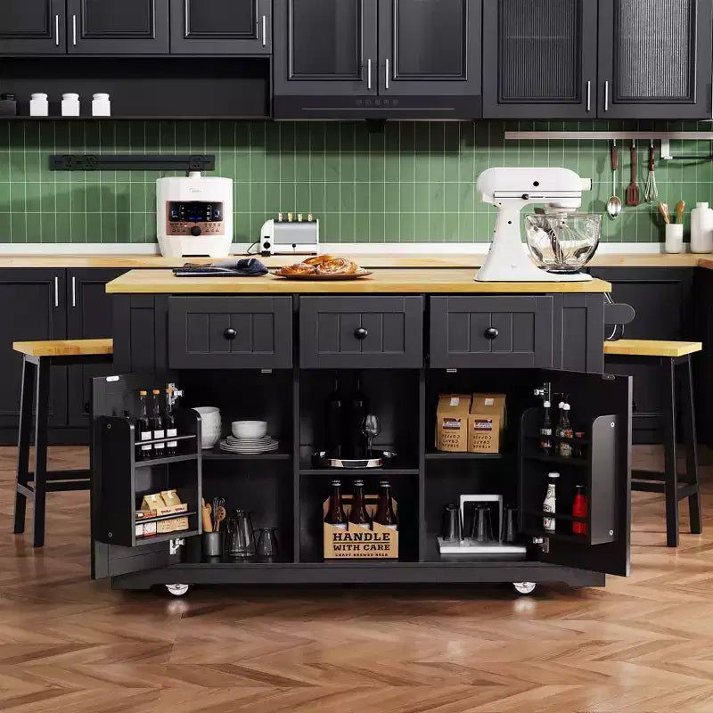 CLIHOME 53 Grand îlot de cuisine avec abattant, support de rangement interne de porte, chariot de cuisine roulant sur 5 roulettes avec 5 étagères latérales ouvertes