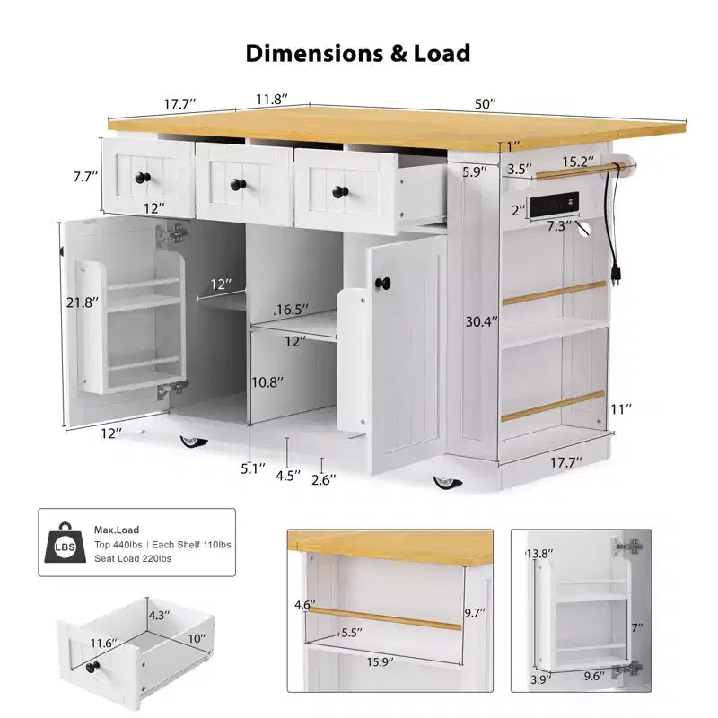 CLIHOME 53 Grand îlot de cuisine avec abattant, support de rangement interne de porte, chariot de cuisine roulant sur 5 roulettes avec 5 étagères latérales ouvertes