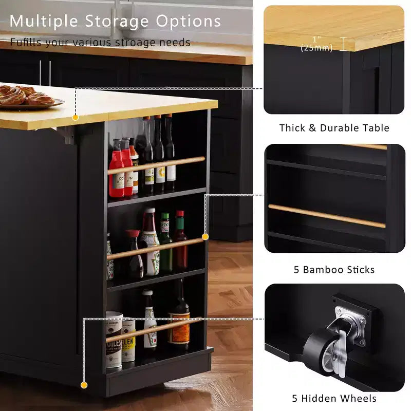 CLIHOME 53 Grand îlot de cuisine avec abattant, support de rangement interne de porte, chariot de cuisine roulant sur 5 roulettes avec 5 étagères latérales ouvertes