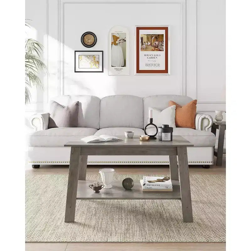Table basse de ferme moderne avec étagère de rangement, table centrale rectangulaire à 2 niveaux en bois pour le salon et le bureau à domicile
