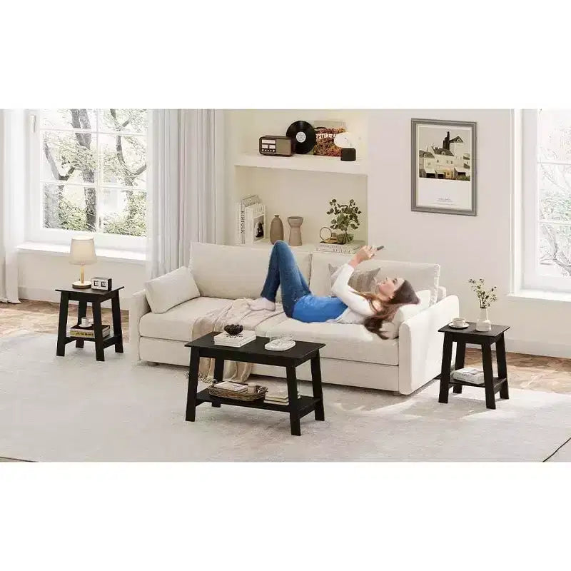 Table basse de ferme moderne avec étagère de rangement, table centrale rectangulaire à 2 niveaux en bois pour le salon et le bureau à domicile