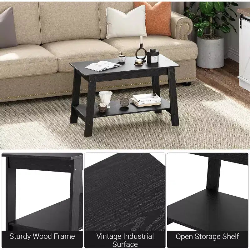 Table basse de ferme moderne avec étagère de rangement, table centrale rectangulaire à 2 niveaux en bois pour le salon et le bureau à domicile