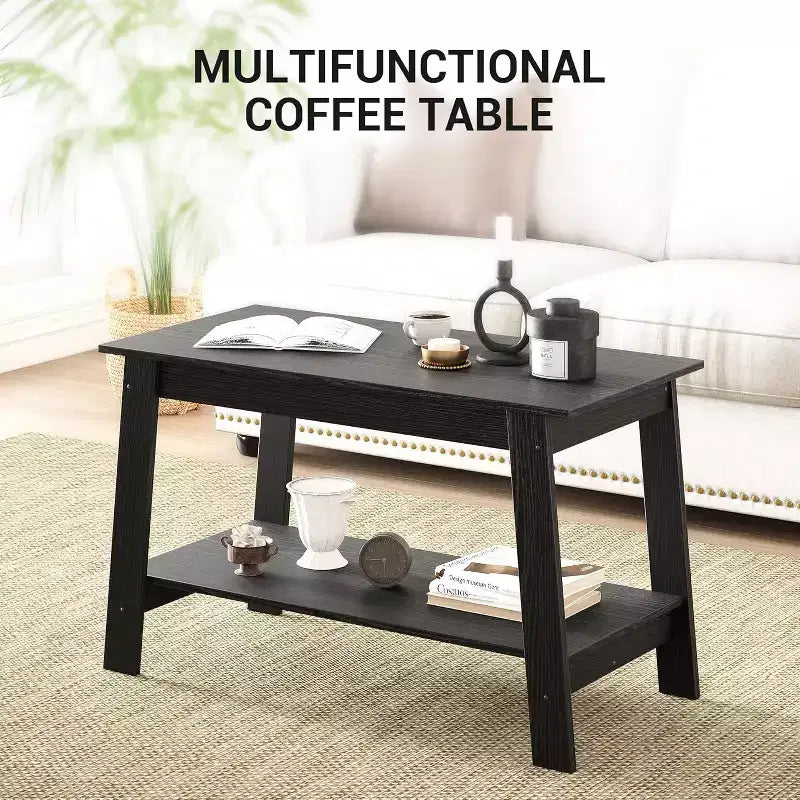 Table basse de ferme moderne avec étagère de rangement, table centrale rectangulaire à 2 niveaux en bois pour le salon et le bureau à domicile