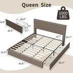 Lit plateforme queen avec 4 tiroirs - Tête de lit capitonnée en velours côtelé, lattes en bois, sans sommier tapissier, marron