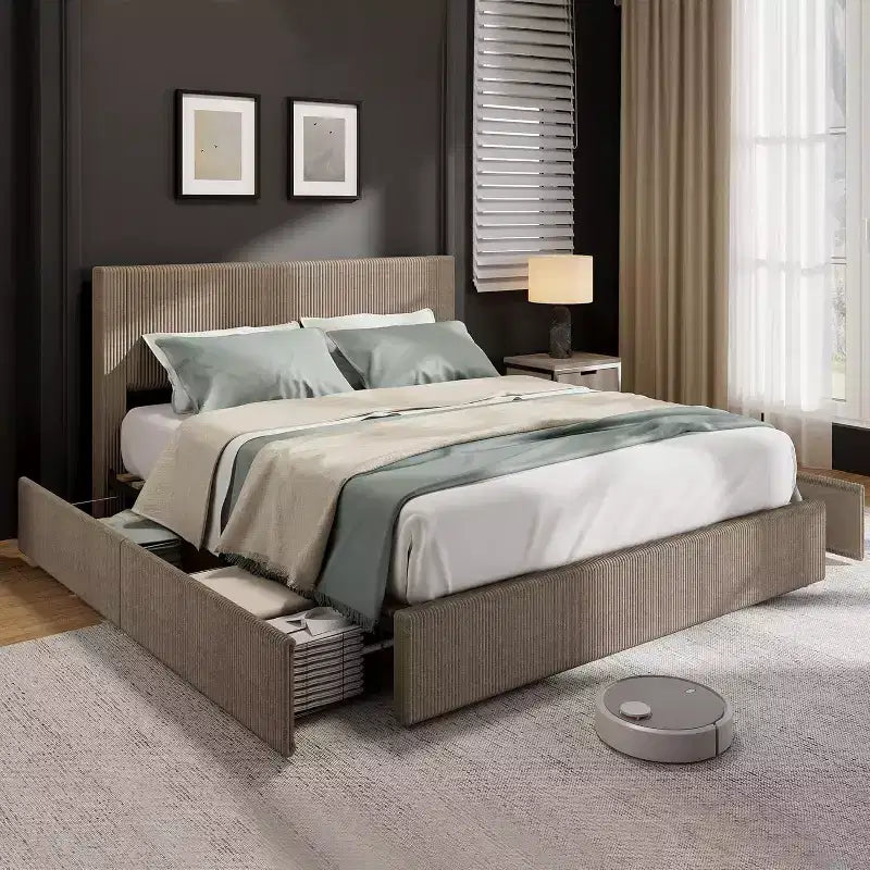 Lit plateforme queen avec 4 tiroirs - Tête de lit capitonnée en velours côtelé, lattes en bois, sans sommier tapissier, marron