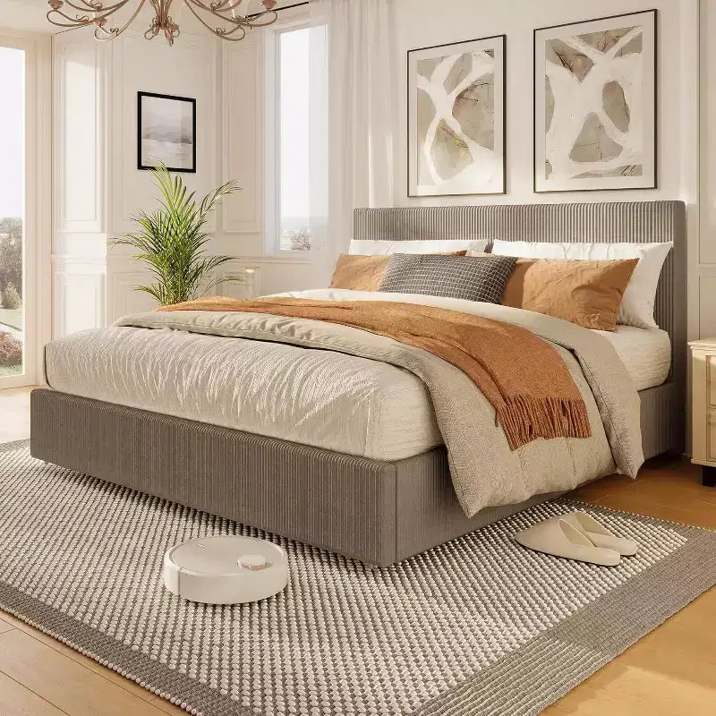 Lit plateforme queen avec 4 tiroirs - Tête de lit capitonnée en velours côtelé, lattes en bois, sans sommier tapissier, marron