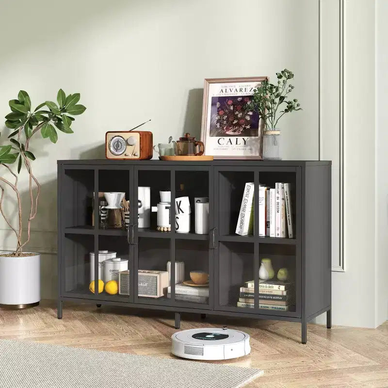 Meuble buffet Okak avec rangement, buffet haut avec portes vitrées et étagères réglables, placard de rangement pour cuisine et salle à manger