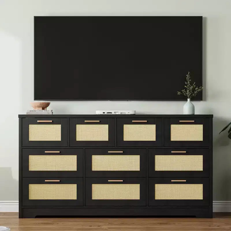 Commode en rotin à 10 tiroirs 152 x 41 x 81 cm Meuble TV en bois Grand plateau Poignées élégantes pour chambre, salon, couloir
