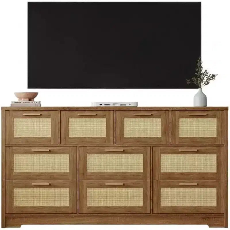 10-Drawer Rattan Dresser 60 x 16 x 32 Wooden TV Stand Ample Tabletop Stylish Handles for Bedroom Living Room Hallway