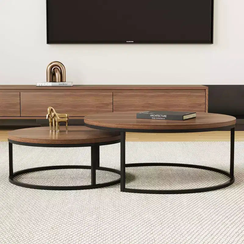 Gaoyangjiaju Table basse gigogne ronde moderne de 31,5 po, ensemble de 2 - Tables basses circulaires industrielles pour salon - Noyer/Noir