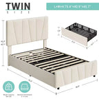 Cadre de lit simple avec tête de lit réglable et 2 tiroirs - Plateforme capitonnée en velours, lattes en bois, pas de sommier tapissier, beige/crème