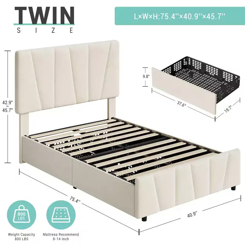 Cadre de lit simple avec tête de lit réglable et 2 tiroirs - Plateforme capitonnée en velours, lattes en bois, pas de sommier tapissier, beige/crème