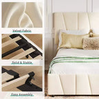 Cadre de lit simple avec tête de lit réglable et 2 tiroirs - Plateforme capitonnée en velours, lattes en bois, pas de sommier tapissier, beige/crème