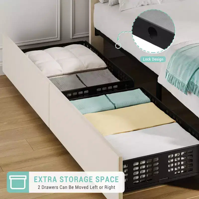 Cadre de lit simple avec tête de lit réglable et 2 tiroirs - Plateforme capitonnée en velours, lattes en bois, pas de sommier tapissier, beige/crème