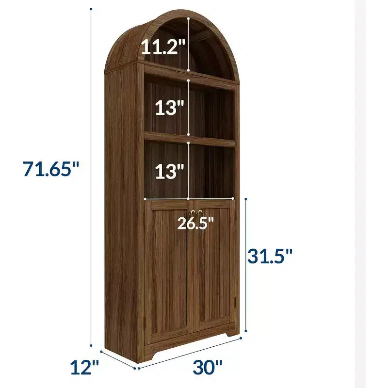 Bibliothèque étagère voûtée à 5 niveaux de 181,9 cm de haut avec portes doubles et étagère réglable, meuble de rangement moderne en bois pour salon, chambre, bureau à domicile