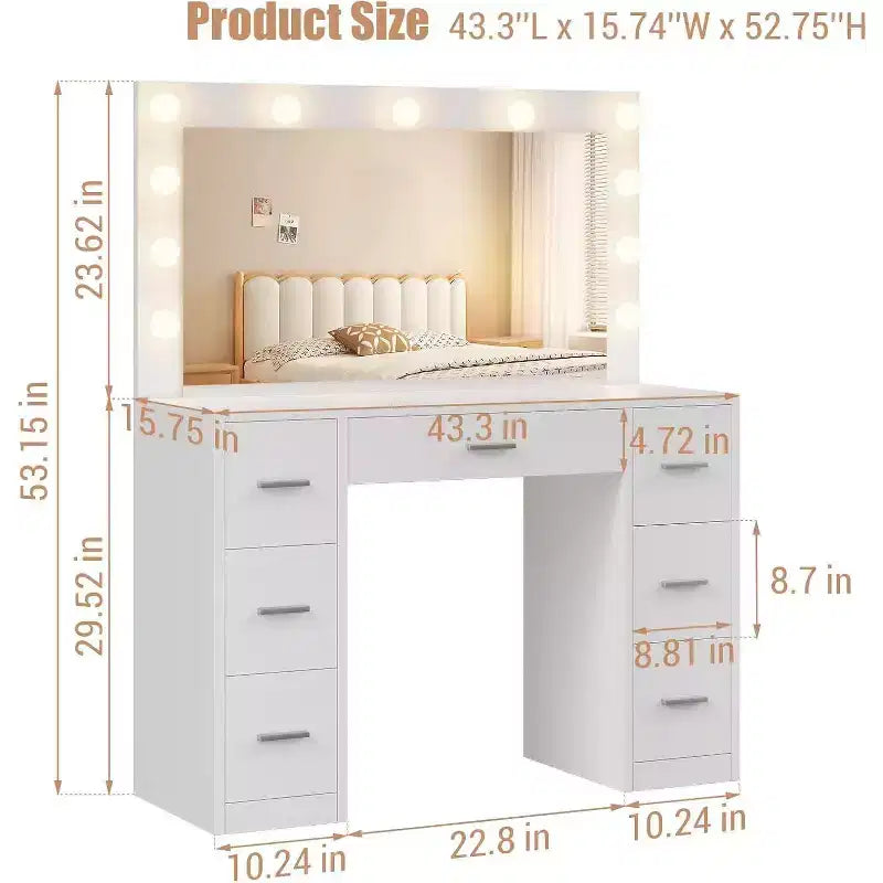 Acekool Coiffeuse Blanche avec Miroir, Éclairage Réglable et Prises Électriques, Table de Maquillage à 7 Tiroirs pour Chambre ou Dressing