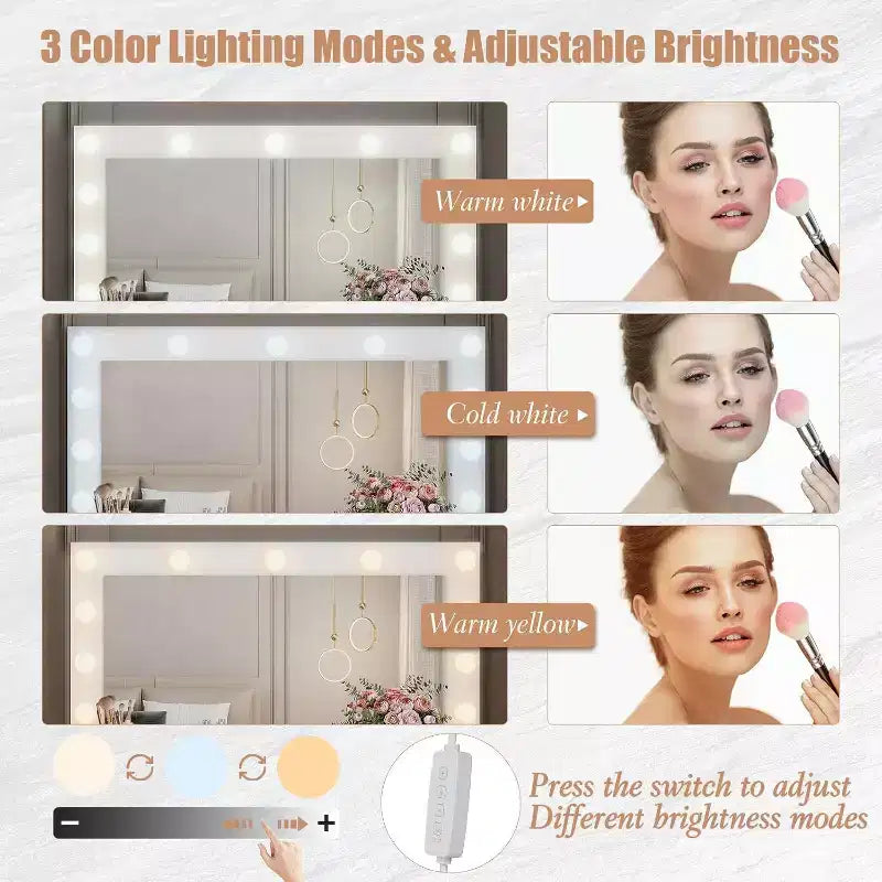Acekool Coiffeuse Blanche avec Miroir, Éclairage Réglable et Prises Électriques, Table de Maquillage à 7 Tiroirs pour Chambre ou Dressing