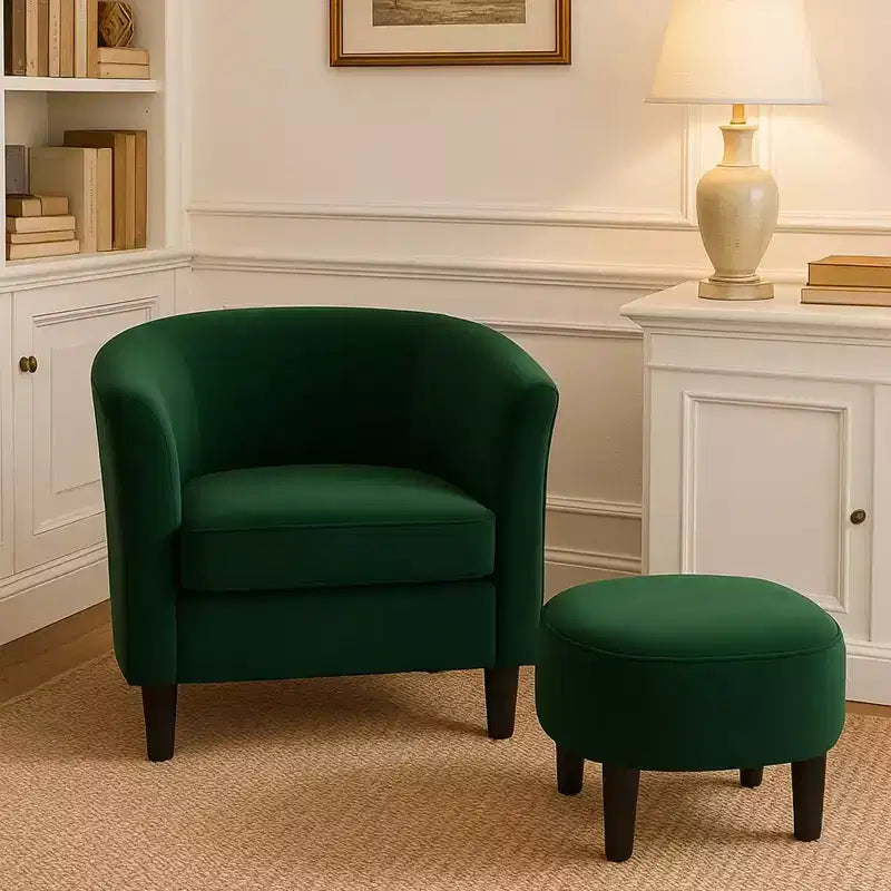 Fauteuil en velours avec pouf, fauteuil barillet moderne pour salon, chambre à coucher