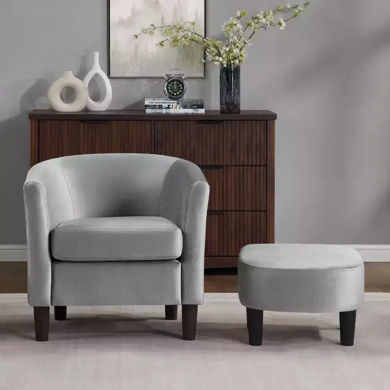 Fauteuil en velours avec pouf, fauteuil barillet moderne pour salon, chambre à coucher